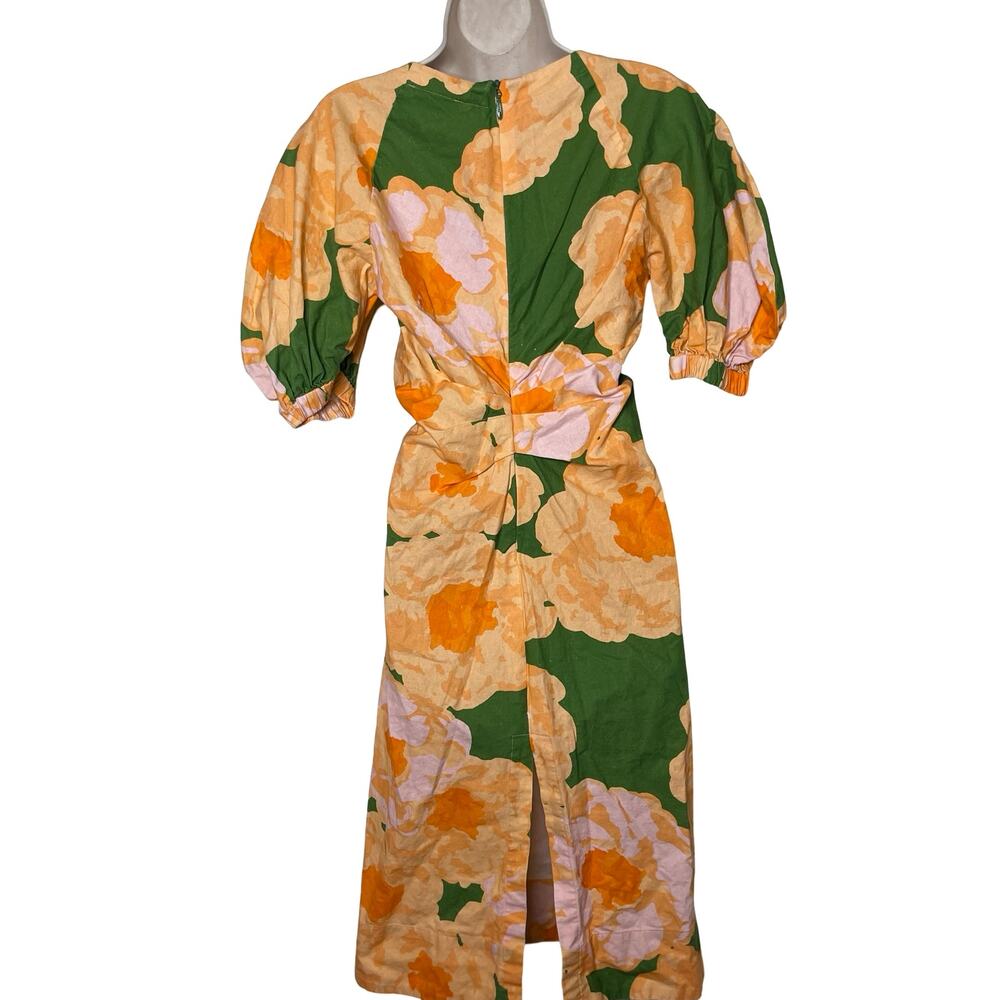 Eudon Choi linen blend Orange Green Floral Puff Sleeve Midi Dress sz 2 - Picture 4 of 8
